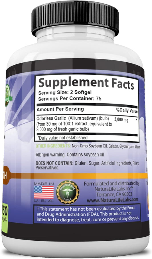 Odorless Pure Garlic 3000 mg per Serving Maximum Strength 150 Soft gels Promotes Healthy Cholesterol Levels Immune System Support