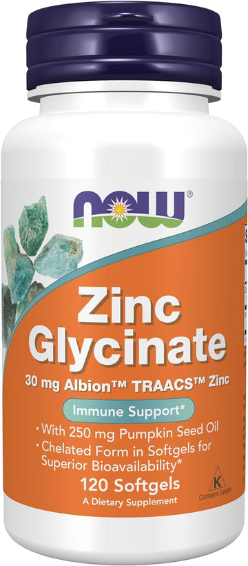 NOW Supplements, Zinc Glycinate with 250 mg Pumpkin Seed Oil, Supports