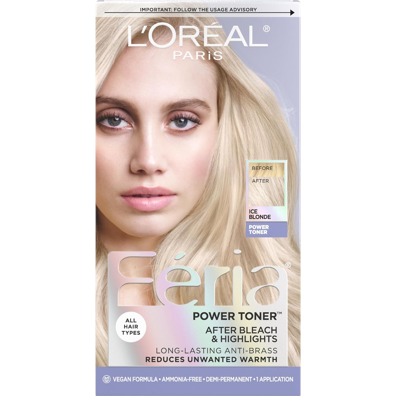 L'Oreal Paris Feria Long-Lasting Anti Brass Power Hair Toner, Ammonia Free Demi Permanent Hair Color, Ice Blonde Hair Toner, 1 Application