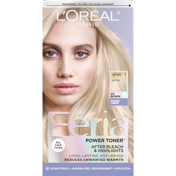 L'Oreal Paris Feria Long-Lasting Anti Brass Power Hair Toner, Ammonia Free Demi Permanent Hair Color, Ice Blonde Hair Toner, 1 Application