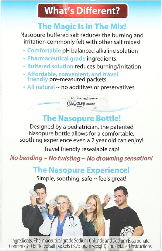 Nasopure Nasal Wash, Value Refill Kit, ?The Nicer Neti Pot? Sinus Wash Kit, Comfortable Nasal Rinse 80 Salt Packets (3.75 Grams Each), Nasal Congestion, Cold, Flu, Allergy, Nasal Irrigation System
