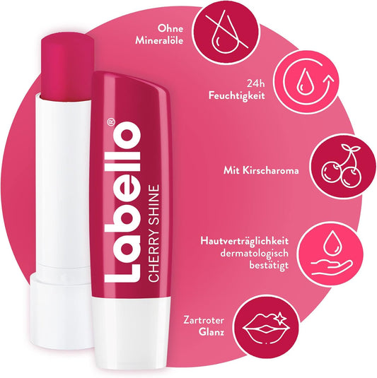 Labello Cherry Shine Lip Balm With Soft Red Shine And Shimmer Pigments And Cherry Flavours, Lip Care Without Mineral Oils Pack Of 6