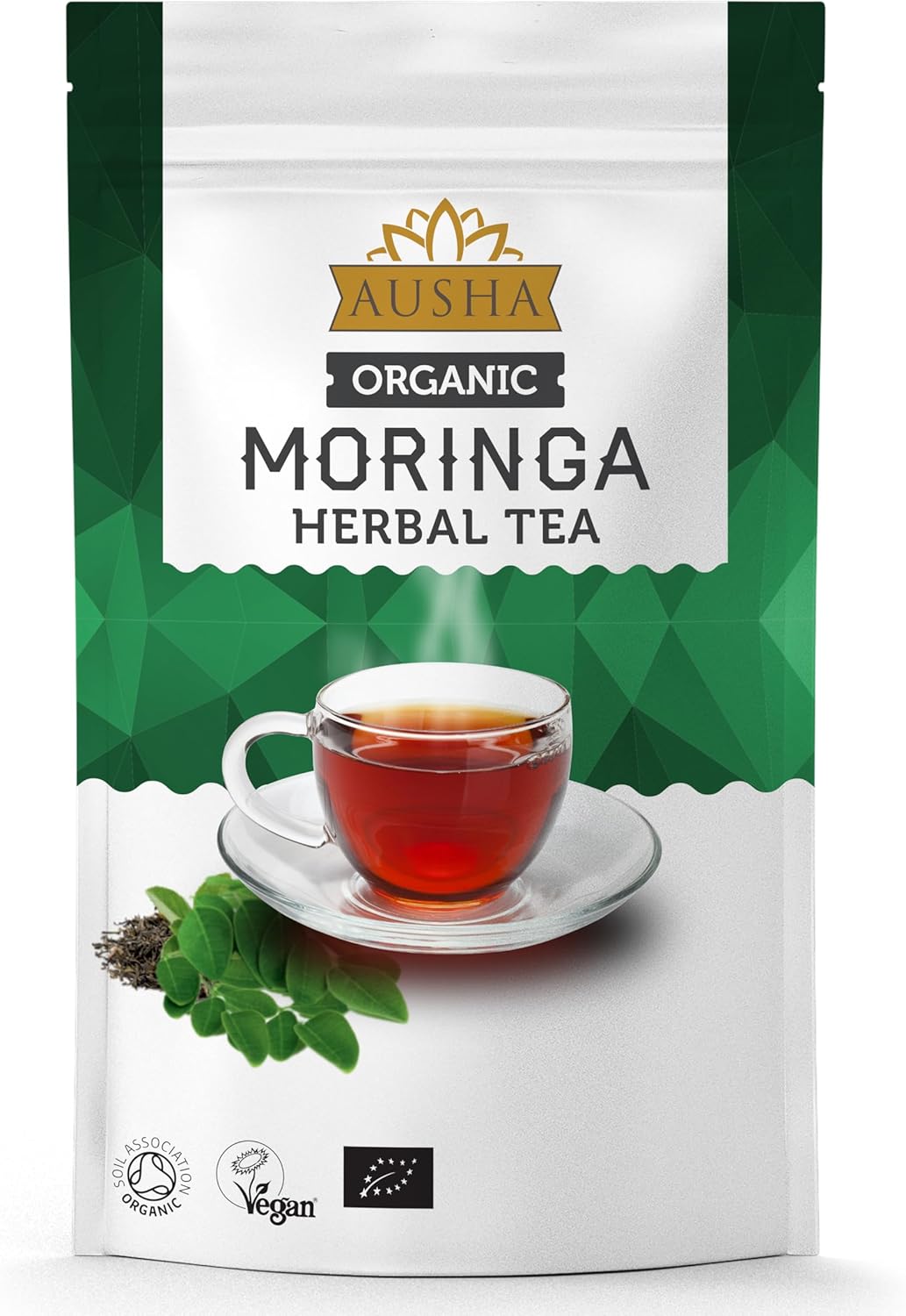 Ausha Organic Moringa Tea 100 Grams | Moringa Leaves, Caffeine Free,Fibre,Calcium | Uk Certified Organic By Soil Association
