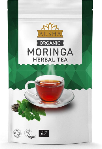 Ausha Organic Moringa Tea 100 Grams | Moringa Leaves, Caffeine Free,Fibre,Calcium | Uk Certified Organic By Soil Association