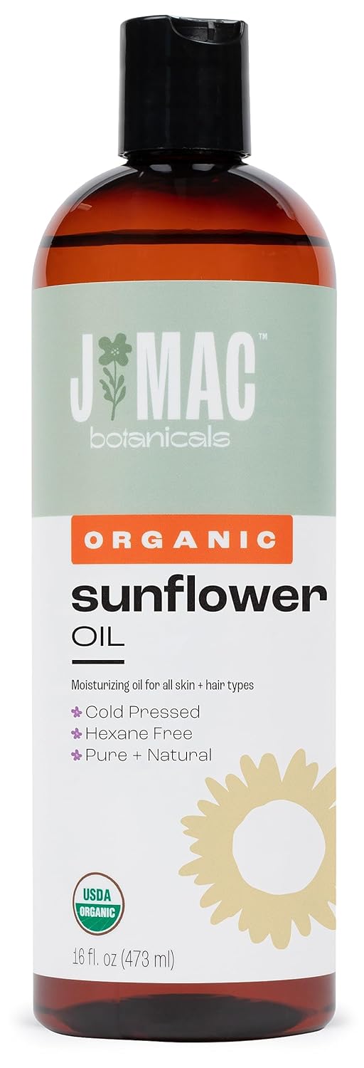 J Mac Botanicals, Organic Sunflower Oil (16 Oz Plastic Bottle) Usda Organic Certified 100% Pure Carrier Oil, Moisturizing & Nourishing For Skin, Face, Hair. Sunflower Seed Oil