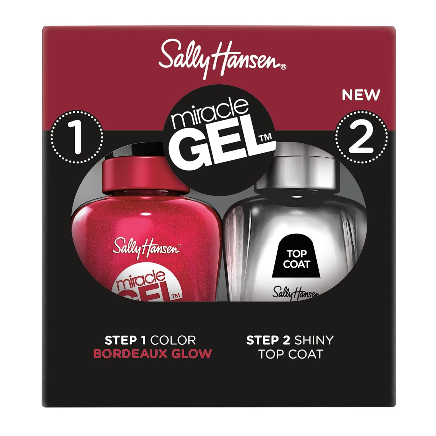 Sally Hansen Miracle Gel™, Bordeaux Glow And Shiny Top Coat Duo, Long Lasting, Gel-Like Formula, No Uv Lamp Needed, Nail Polish Duo