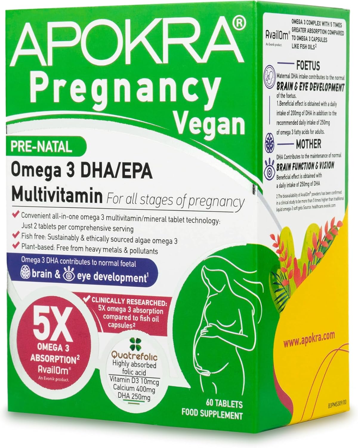 Vegan Pregnancy Vitamins For Women | Including Methylfolate & Vegan Omega 3 | Highly Absorbed Ingredients | High In Calcium | Sustainable & Plant-Based | Highly Absorbed | 60 Tablets | Apokra