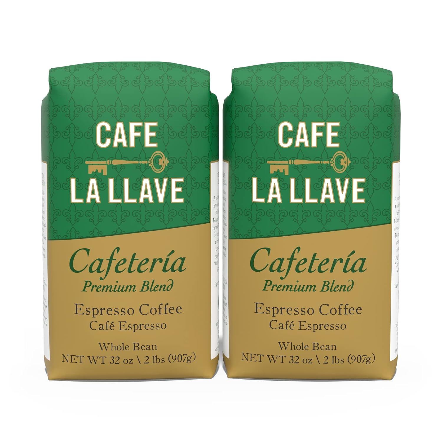 Cafe La Llave Whole Bean Espresso Coffee, Premium Dark Roast, 32 Oz Bags (Pack Of 2) - Rich Cuban-Style Blend
