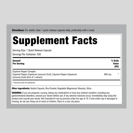 Piping Rock Cayenne Pepper Capsules | 600mg | 350 Count | Concentrated Extract Supplement | Non-GMO, Gluten Free