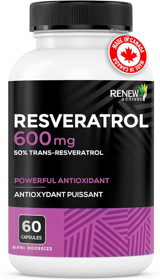 Renew Actives Resveratrol Supplement 600Mg Per Serving - High-Potency Antioxidant Complex With 50% Trans-Resveratrol – Supports Cellular Health & Longevity - Made In Canada – 60 Vegan Capsules