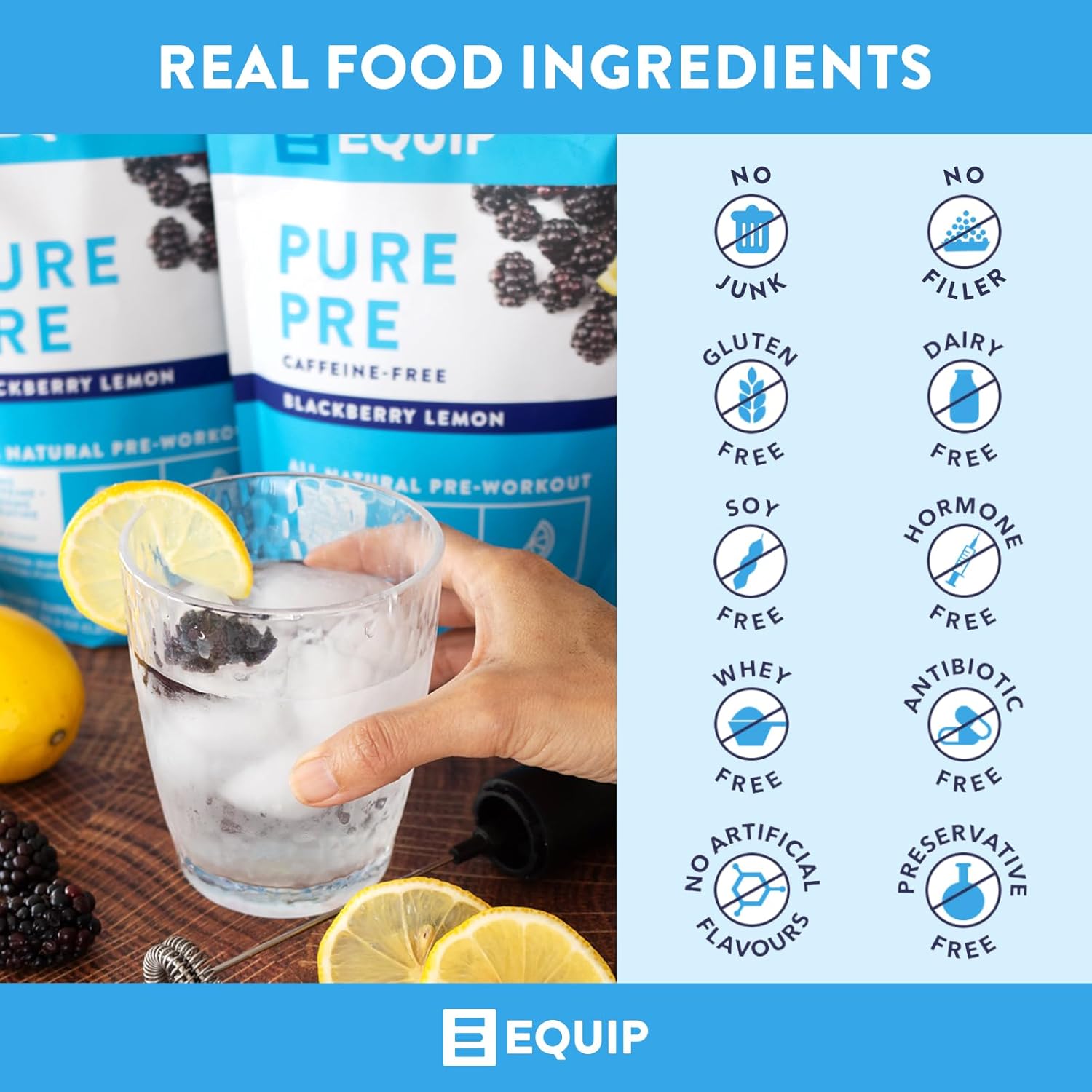 Equip Foods Pure Pre All Natural Pre-Workout Powder | Green Tea Caffeine, Sea Salt, Eaa, Vitamin C, B6, B12, L-Carnitine, Agnine | Naturally Boosts Workouts | 30 Servings, Blackberry Lemon Caffeinated : Health & Household