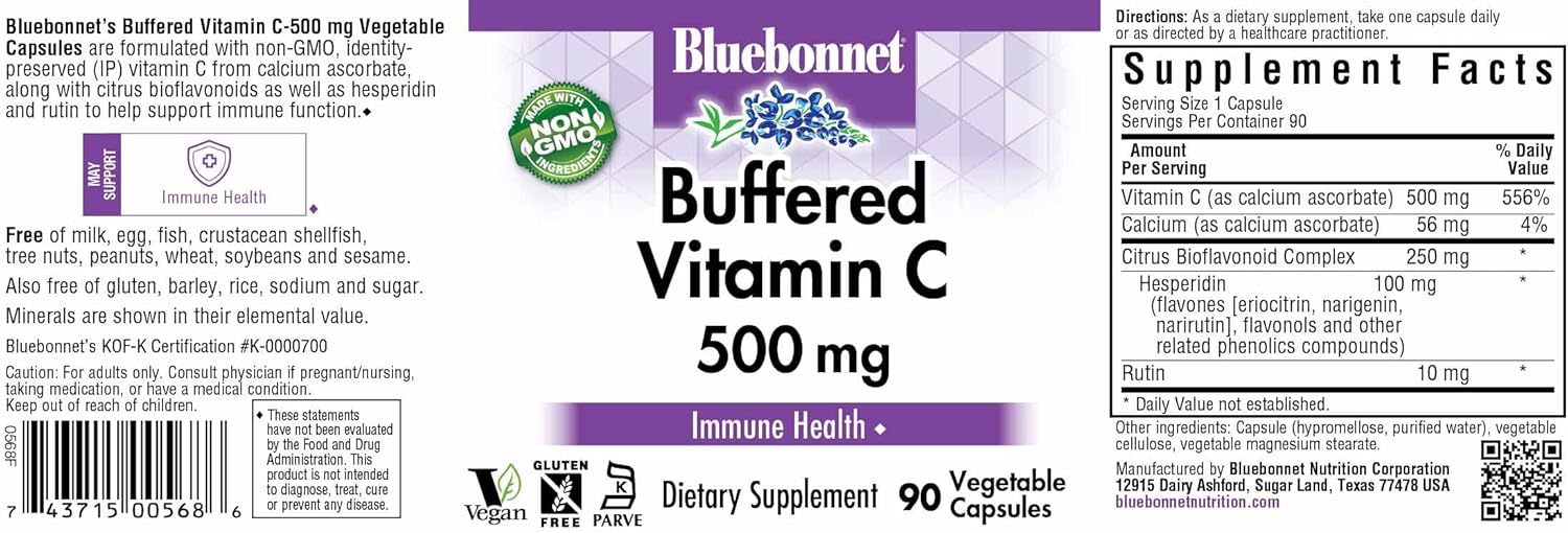 Bluebonnet Buffered Vitamin C 500 Mg Vegetable Capsules, 90 Count, White (743715005686)