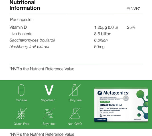 Metagenics Ultraflora Duo - Probiotic - 14.5 Billion Live Bacteria With Saccharomyces Boulardii & Vitamin D - Gut And Immune Support - 30 Capsules