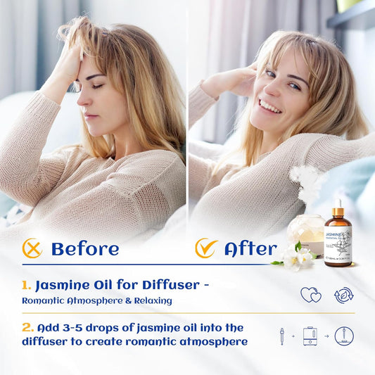 HIQILI Jasmine Essential Oil, Premium Quality Pure & Natural Jasmine Oil for Diffuser, Perfume, Shampoo, Aromatherapy - 3.38 Fl Oz