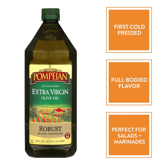 Pompeian Robust Extra Virgin Olive Oil, First Cold Pressed, Full-Bodied Flavor, Perfect For Salad Dressings & Marinades, 48 Fl. Oz