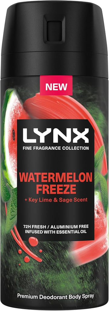 Lynx Fine Fragrance Collection Watermelon Freeze Premium Body Spray Men'S Deodorant Infused With A Watermelon, Key Lime & Sage Scent For 72 Hours Of Freshness 150 Ml (Pack Of 2)