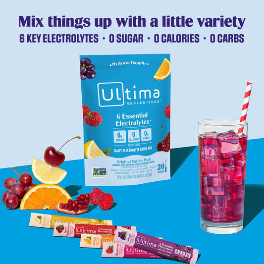 Ultima Replenisher Electrolyte Drink Mix Bundle – Lemonade, Pink Lemonade, Variety-90 Servings, 20 Stickpacks– 6 Electrolytes & Minerals – Keto Friendly, Vegan, Non-Gmo & Sugar-Free Electrolyte Powder