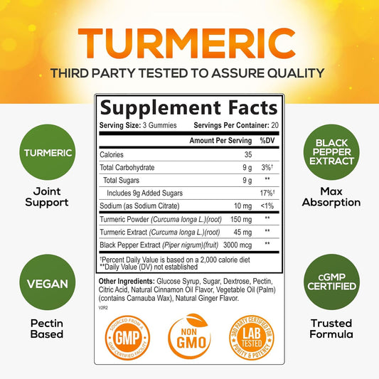 Turmeric Curcumin with Cinnamon & Ginger Gummies 95% Curcuminoids Black Pepper for Max Absorption Joint Support, Nature's Tumeric Herbal Extract Supplement Gummy Capsules, Vegan, Non-GMO - 60 Gummies