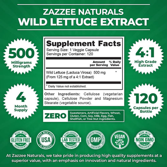 Zazzee Extra Strength Wild Lettuce 4:1 Extract, 500 Mg Strength, 120 Vegan Capsules, Potent Lactuca Virosa Variety, Standardized And Concentrated 4X Extract, 100% Vegetarian, All-Natural And Non-Gmo