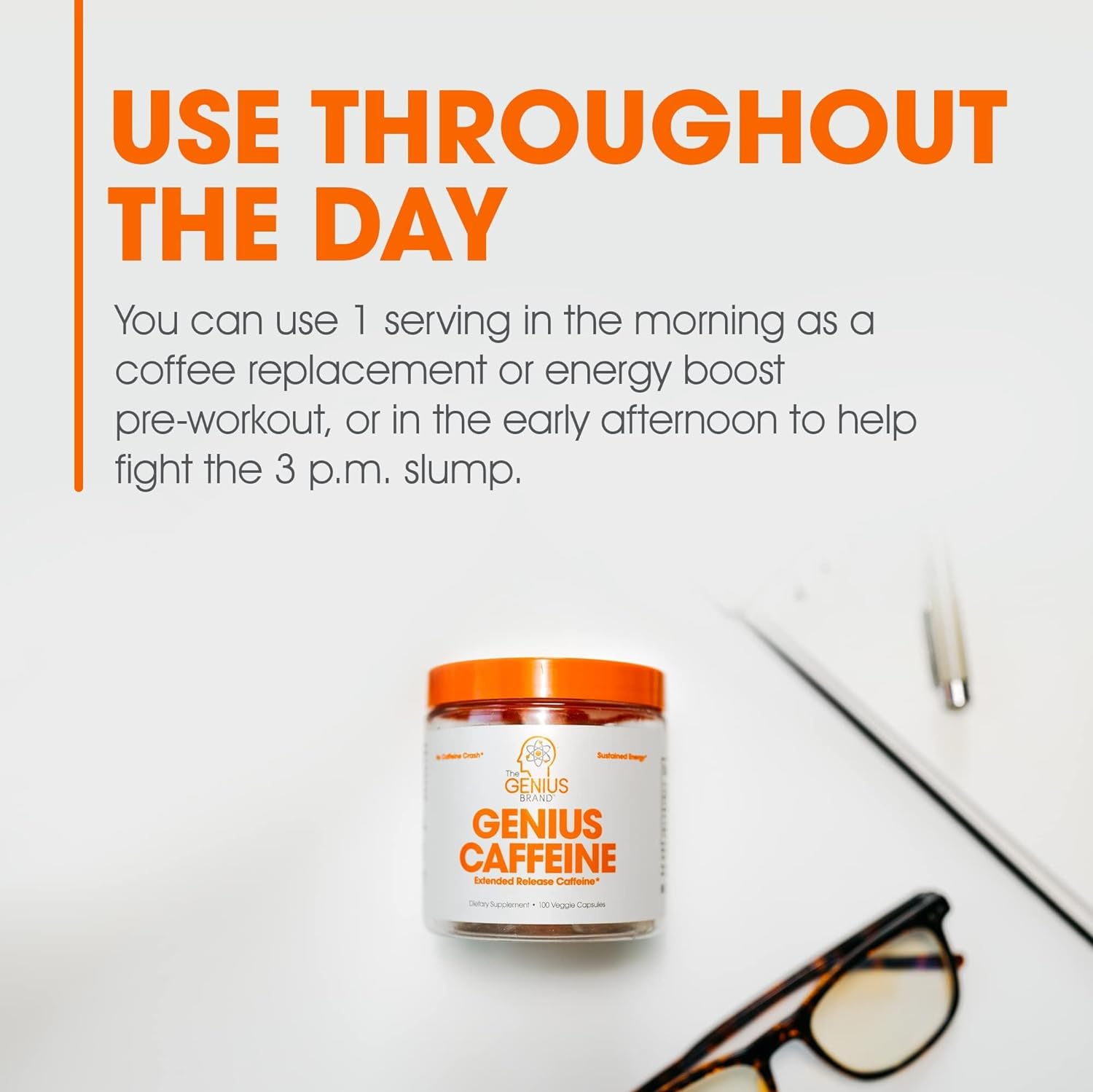 Genius Caffeine Pills 100mg, Extended-Release Microencapsulated Caffeine Pills - All-Natural Non-Crash Sustained Energy, Focus & Concentration Supplement - Nootropic Brain Booster - 100 Capsules : Health & Household