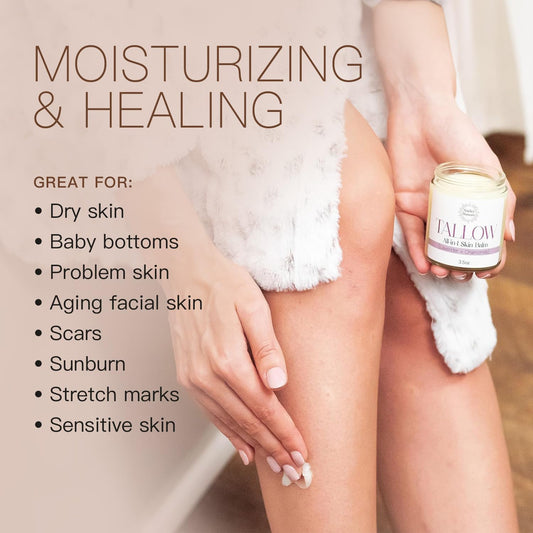 Organic Tallow Balm - 3.5Oz Jar - Lavender Chamomile - All-In-One Skin Balm - Soothing, Healing, Moisturizing, For All Skin Types - Excellent For Dry Skin, Eczema, Burns, Cuts, Boo-Boos, Cracked Heels