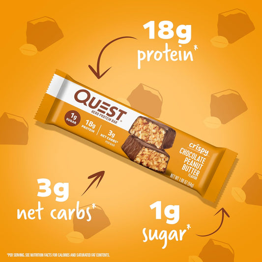 Quest Nutrition Crispy Chocolate Peanut Butter Hero Protein Bar, 18G Protein, 1G Sugar, 3G Net Carb, Gluten Free Protein Snack, Keto Friendly, 12 Count