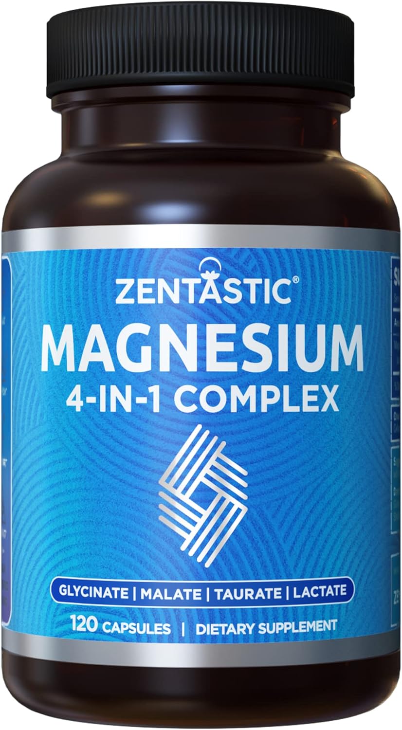 Zentastic 4-In-1 Magnesium Complex - Chelated Magnesium Glycinate, Malate, Taurate & Lactate - High Absorption For Nerves, Immune, Bones, Muscles - Magnesium Supplement - 120 Magnesium Capsules