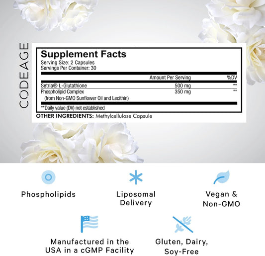 Codeage Liposomal Glutathione Supplement - Pure Reduced Setria L Glutathione Skin - Nano Encapsulated Glutathione Powder Pills - Phospholipids - Antioxidant Complex - Vegan, Non-Gmo - 2 Pack