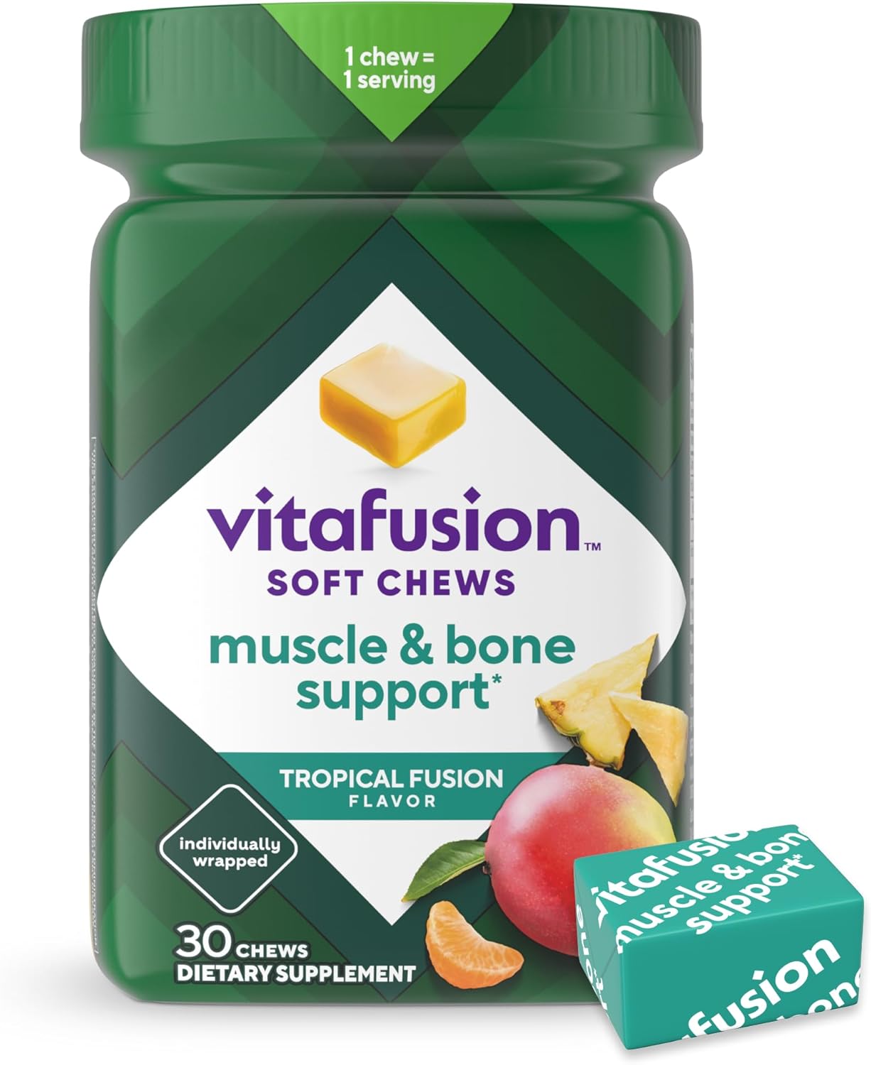 Vitafusion Soft Chews Muscle & Bone Support (1), Adult Chewable Vitamin D For Bone & Muscle Support, Individually Wrapped, Tropical Fusion Flavor, 30 Chews, 30 Day Supply