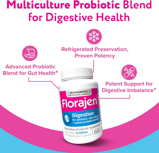 Florajen Digestion Probiotics (Refrigerated) - Advanced Gas & Bloat Supplement With Lactobacillus, Supports Gut Health, Unbloat & Good Flora, Adult Daily Probiotics For Constipation, 60 Count