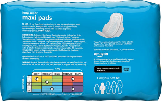 Amazon Basics Thick Maxi Pads with Flexi-Wings for Periods, Long Length, Super Absorbency, Unscented, Size 2, 128 Count, 4 Packs of 32 (Previously Solimo)