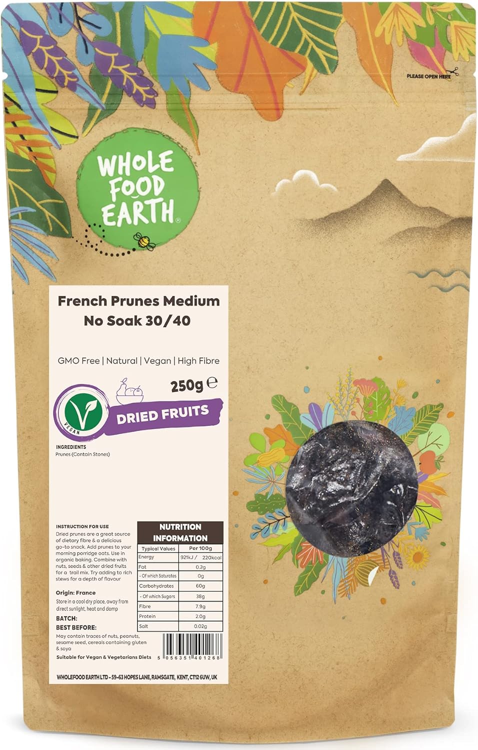 Wholefood Earth French Prunes Medium No Soak 30/40 250 G | Gmo Free | Natural | High Fibre