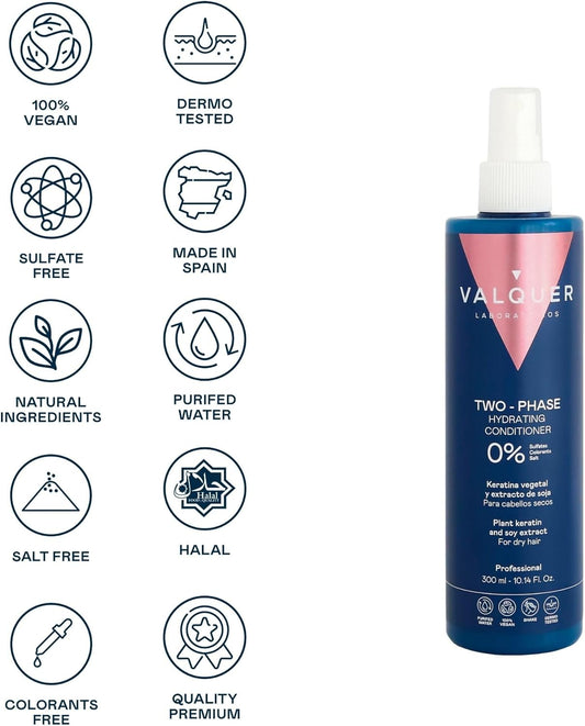 Valquer Ultra-Hydrating Bi-Phase Leave-In Conditioner For Dry And Damaged Hair. Moisturizing And Revitalizing, It Provides Soft, Manageable Hair With Soy Extract And Phytokeratine. 300 Ml
