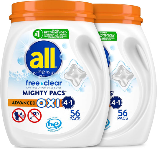 All Mighty Pacs Laundry Detergent With Oxi Stain Removers And Whiteners, Free Clear, 56 Count, Pack Of 2, 112 Total Loads