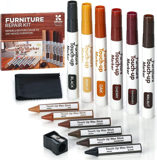 Katzco Furniture Repair Kit Wood Markers - Set of 13 - Markers and Wax Sticks with Sharpener - for Stains, Scratches, Floors, Tables, Desks, Carpenters, Bedposts, Touch-Ups, Cover-Ups, Molding Repair