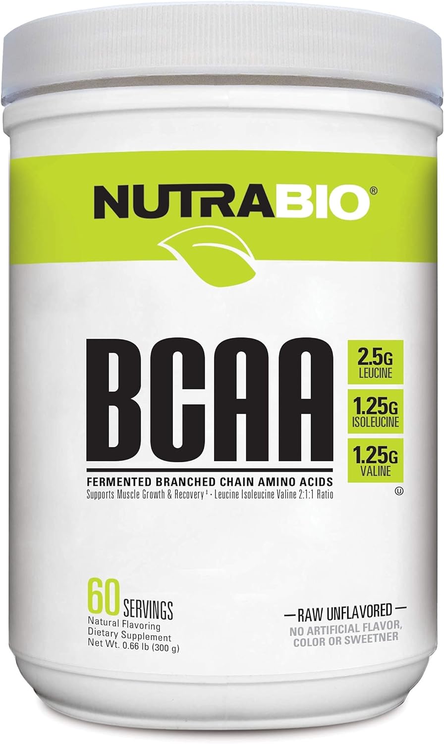 NutraBio BCAA 5000 Powder - Fermented Branched Chain Amino Acids for Muscle Growth & Recovery - Natural Flavors, Sweeteners, and Coloring, Vegan, Gluten Free - Unflavored, 60 Servings