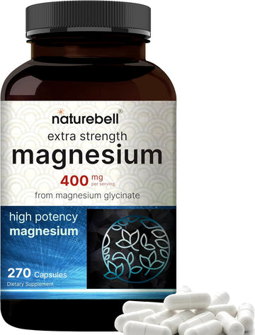 Naturebell Magnesium Glycinate 400Mg (Elemental), 270 Capsules – 100% Chelated For Max Absorption | Non-Gmo & No Gluten, Bioavailable Mineral Supplement For Muscle, Joint, Enzyme, & Heart Health