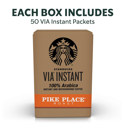 Starbucks Via Instant Coffee, Medium Roast Coffee, Pike Place Roast, 100% Arabica, 1 Box (50 Packets)