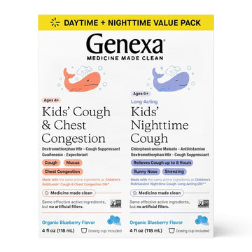 Genexa Kids' Day & Night Cough Combo Pack | Childrens Liquid Daytime Cough & Chest Congestion Relief | Nighttime Cough Suppressant + Runny Nose & Sneezing Relief For Kids 6+ | Blueberry Flavor, 4 Floz