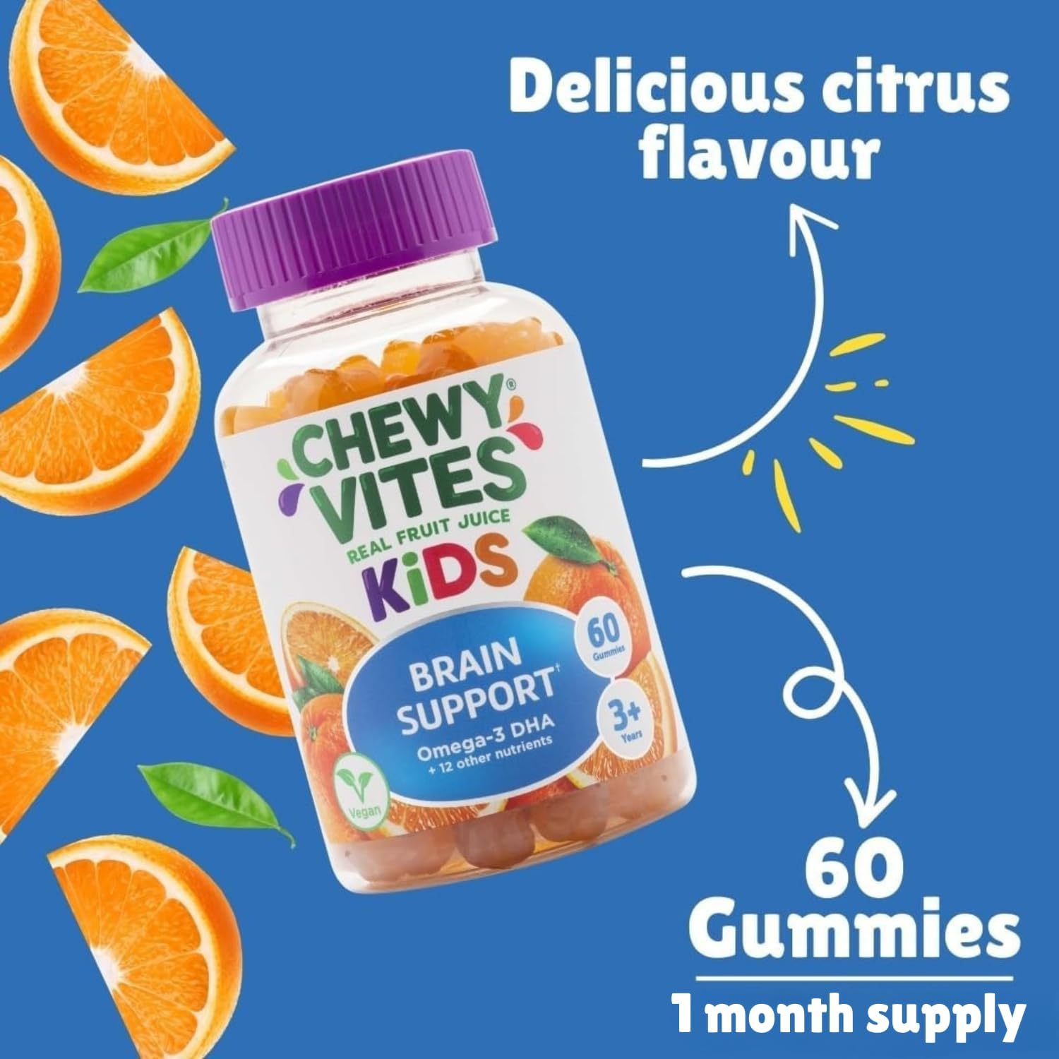 Chewy Vites Kids Brain Support, 60 Kids Vitamins Gummies, Omega-3 DHA, 13 Essential Vitamins & Minerals, 1 Months Supply, Real Fruit Juice, Vegan, Age 3 +, Citrus Flavour : Amazon.co.uk: Health & Personal Care
