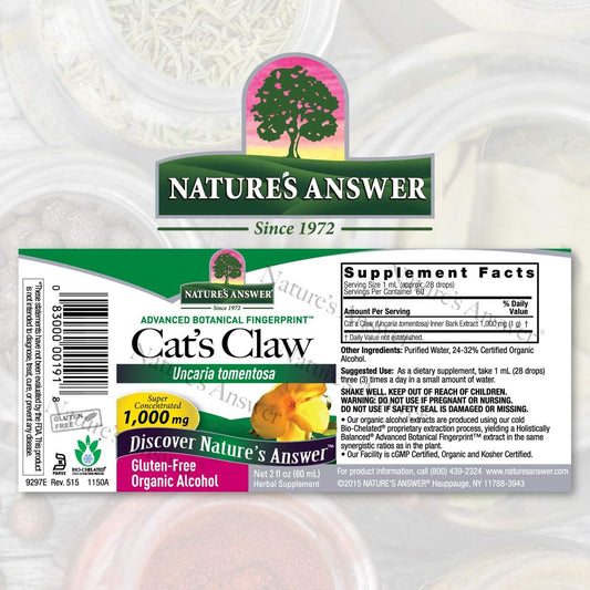 Nature'S Answer Cat'S Claw Bark 1,000 Mg With Organic Low Alcohol, 2-Fluid Ounces | Natural Immune Booster | Promotes Digestive Support | Cognitive Function Support