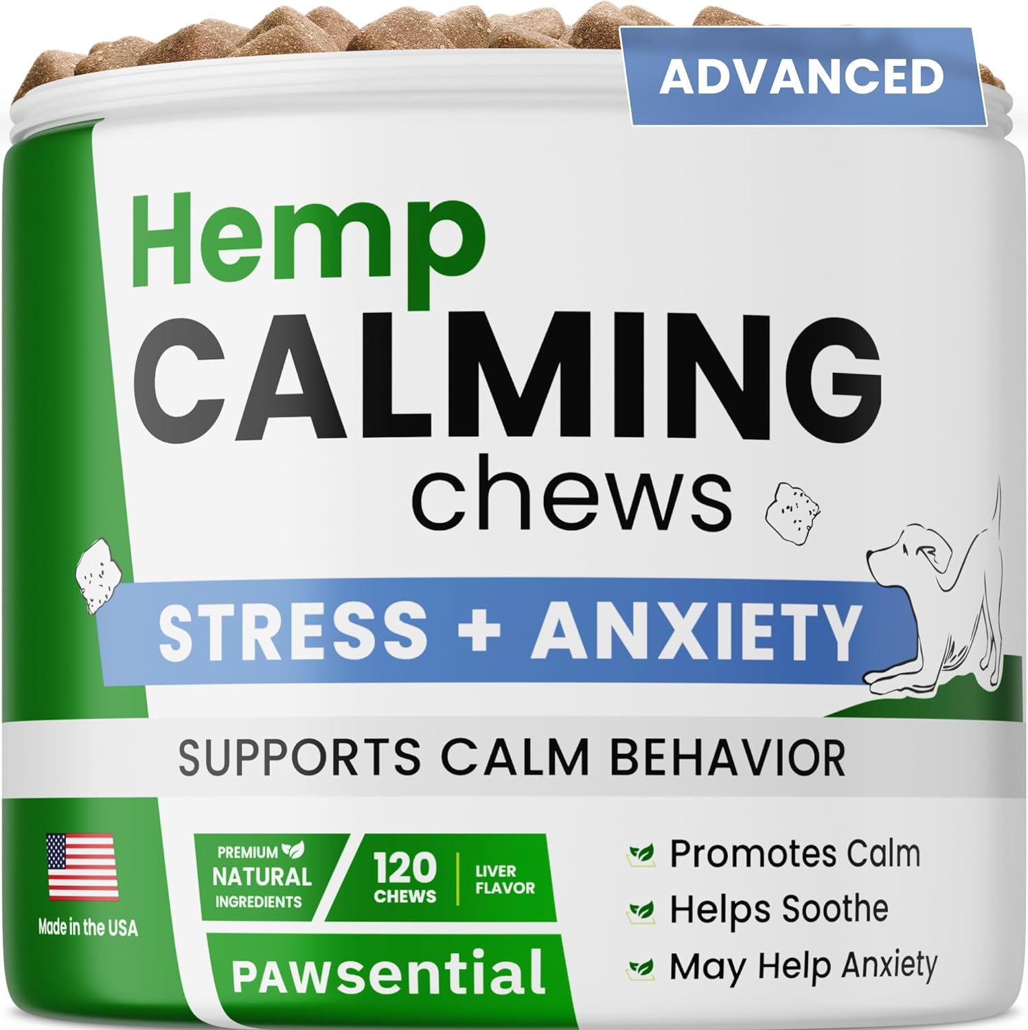 Advanced Hemp Calming Chews - Anxiety Relief Treats w/Melatonin + Valerian Root - Calm & Sleep Aid Bites - Stress Relief During Fireworks Storms Separation - Anti Anxiety - Liver Flavor
