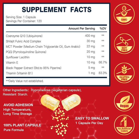 Coq10 400Mg-High Absorption Coenzyme Q10 Supplements With Pqq, Shilajit & Vitamin E, Powerful Antioxidant For Heart & Brain Health And Energy-Production 120 Veggie Capsules
