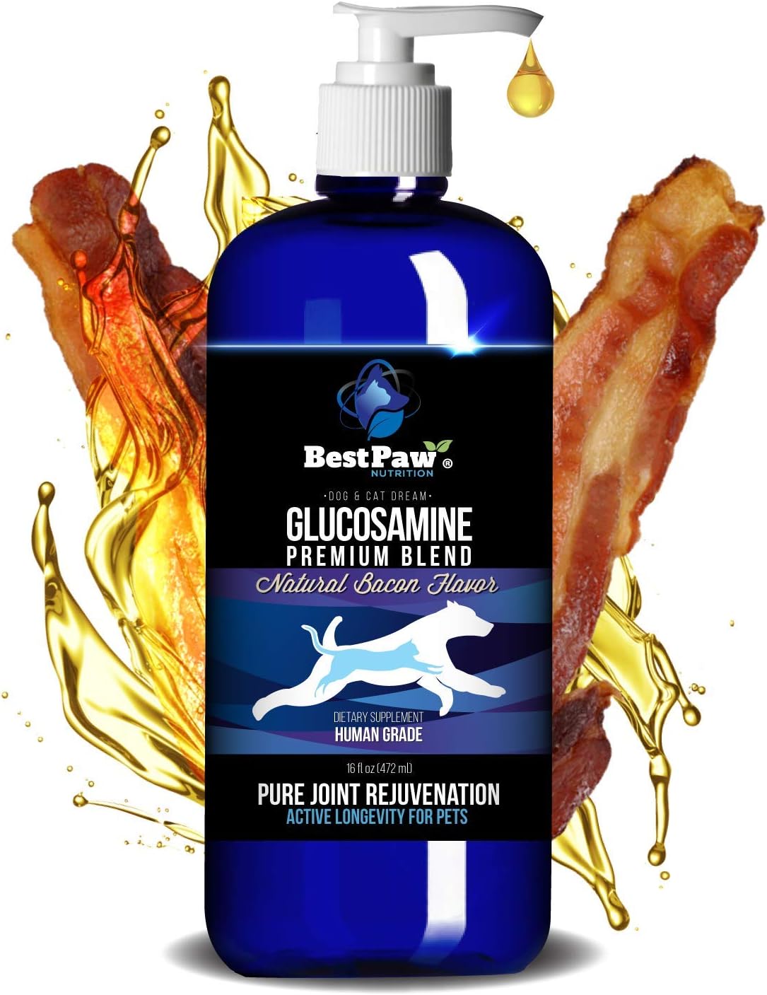 Best Paw Nutrition - Bacon Flavor Liquid Glucosamine for Dogs & Cats - Chondroitin, MSM, Hyaluronic Acid - Dog Arthritis Home Remedy - Joint Supplement for Hip & Joint Pain Relief Pets Love - 16oz