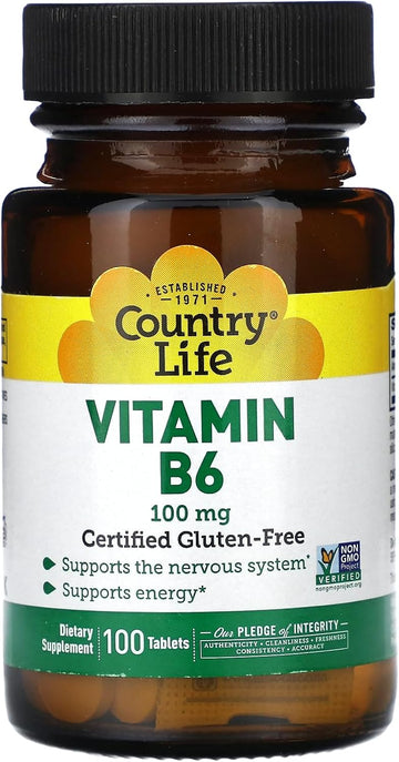Country Life Vitamin B-6, Supports Energy And The Nervous System, 100Mg, 100 Vegan Capsules, Certified Gluten Free, Certified Vegan, Certified Halal, Non-Gmo Verified…