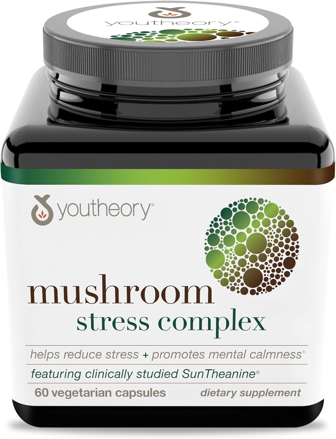 Youtheory Mushroom Stress Complex, Organic Full-Spectrum Mushrrom with L-Theanine, Help Reduce Stress and Promotes Mental Calmness, 60 Vegetarian Capsules