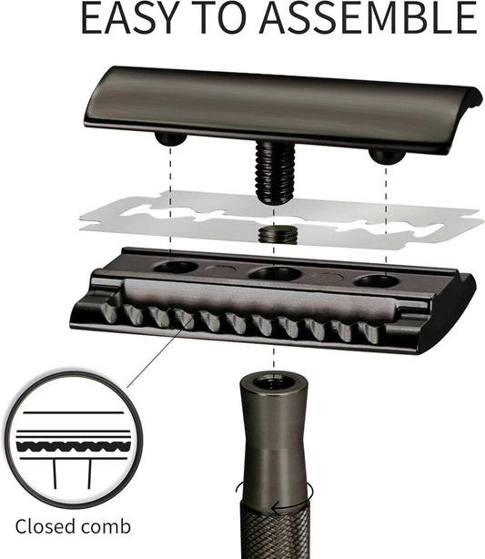 Bambaw Black Metal Safety Razor With Stand | Single Blade Razor For Men & Women | Fits All Blades | Waste-Free Shaving