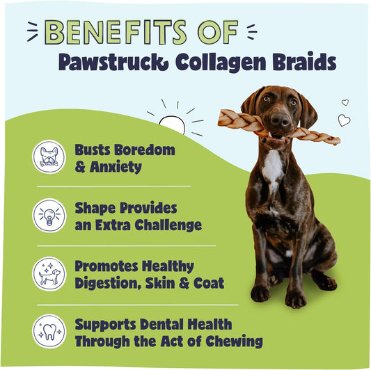 Pawstruck Natural Large 10-13” Beef Collagen Braids for Dogs - Healthy Long Lasting Alternative to Traditional Rawhide & Bully Sticks w/Chondroitin & Glucosamine - 3 Count - Packaging May Vary