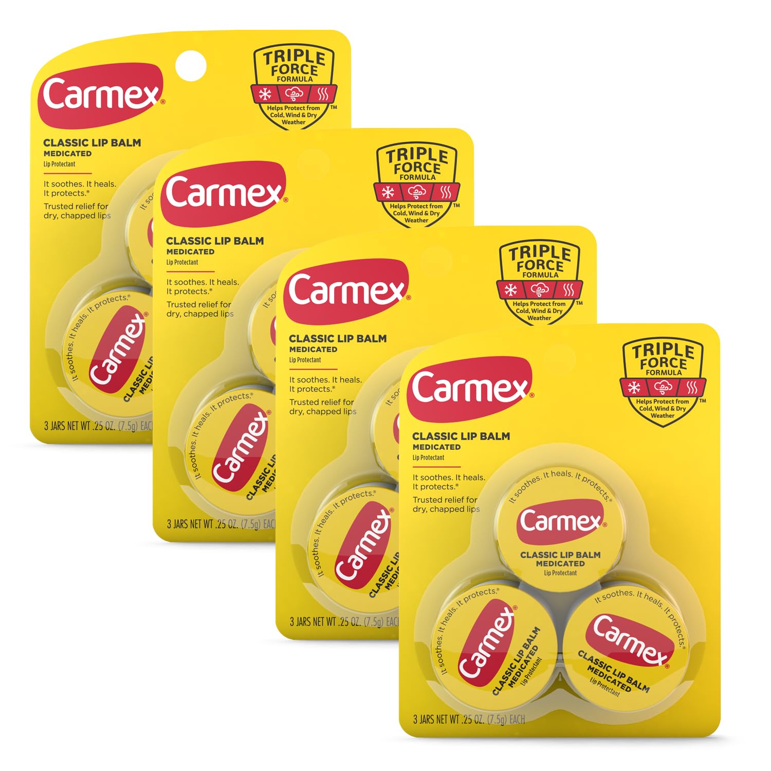 Carmex Medicated Lip Balm Jar, Lip Moisturizer For Dry, Chapped Lips, 0.25 Oz - (4 Packs Of 3)