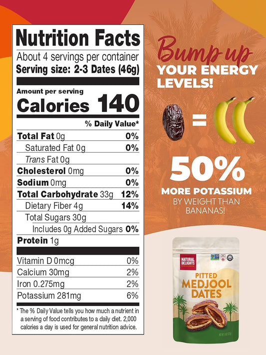 Natural Delights Medjool Dates – Large & Plump, Pitted Dates Medjool, Non-Gmo Verified, Pesticide Free, Naturally Sweet Fruit Snack, Perfect For On-The-Go - Medjool Dates Pitted, 12 Oz Container